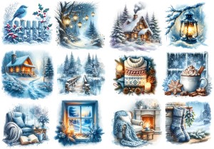 Papier klasyczny A4 do decoupage - widok, domek, kominek, lampion, okno, zima