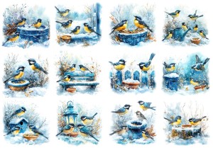 Papier ryżowy A4 do decoupage Artando - ptaki, ptaszki, sikorki, śnieg, zima