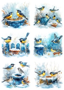 Papier ryżowy A4 do decoupage Artando - ptaki, ptaszki, sikorki, śnieg, zima