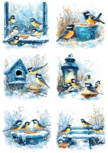 Papier ryżowy A4 do decoupage Artando - ptaki, ptaszki, sikorki, śnieg, zima