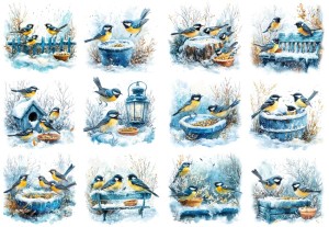 Papier ryżowy A4 do decoupage Artando - ptaki, ptaszki, sikorki, śnieg, zima
