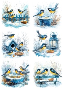 Papier ryżowy A4 do decoupage Artando - ptaki, ptaszki, sikorki, śnieg, zima
