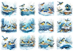 Papier ryżowy A4 do decoupage Artando - ptaki, ptaszki, sikorki, śnieg, zima