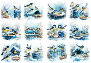 Papier ryżowy A4 do decoupage Artando - ptaki, ptaszki, sikorki, śnieg, zima