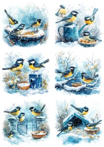 Papier ryżowy A4 do decoupage Artando - ptaki, ptaszki, sikorki, śnieg, zima