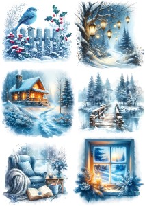 Papier klasyczny A4 do decoupage - widok, domek, lampiony, okno, ptak, zima