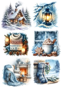 Papier klasyczny A4 do decoupage - widok, domek, lampion, kominek, zima