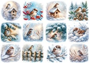 Papier klasyczny A4 do decoupage - ptaki, ptaszki, wróbelki, budki, zima