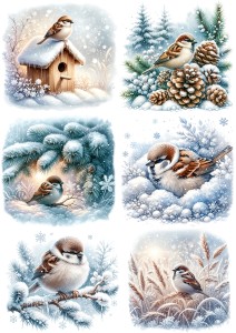 Papier klasyczny A4 do decoupage - ptaki, ptaszki, wróbelki, budka, zima