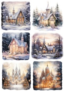 Papier klasyczny A4 do decoupage - widok zimowy, pejzaż, domy, kościoły