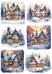 Papier klasyczny A4 do decoupage - widok zimowy, pejzaż, domki, chatki