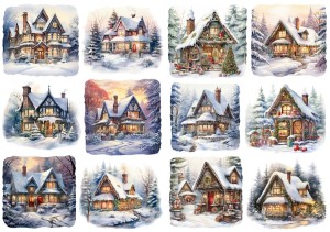 Papier klasyczny A4 do decoupage - widok zimowy, pejzaż, domki, chatki