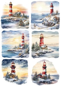 Papier klasyczny A4 do decoupage - widok zimowy, pejzaż, latarnie, morze
