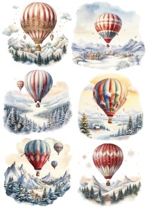 Papier klasyczny A4 do decoupage - widok zimowy, pejzaż, balony, góry
