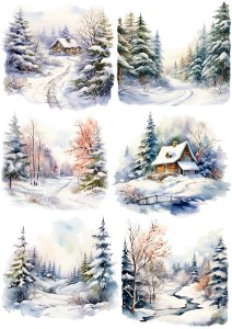 Papier klasyczny A4 do decoupage - widok zimowy, pejzaż, domki, choinki, las
