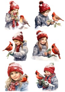 Papier klasyczny A4 do decoupage - dzieci, ptaki, ptaszki, kardynałki, zima
