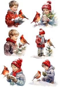 Papier klasyczny A4 do decoupage - dzieci, ptaki, ptaszki, kardynałki, zima
