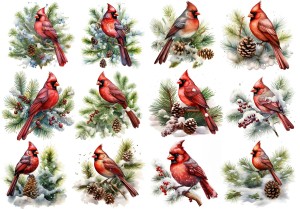 Papier klasyczny A4 do decoupage - ptaki, ptaszki, kardynałki, szyszki, zima