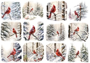 Papier klasyczny A4 do decoupage - ptaki, ptaszki, kardynałki, las, zima