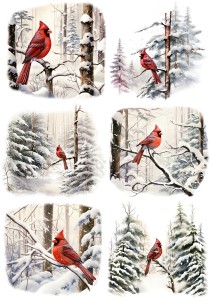 Papier klasyczny A4 do decoupage - ptaki, ptaszki, kardynałki, las, zima