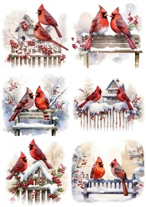 Papier klasyczny A4 do decoupage - ptaki, ptaszki, kardynałki, płotek, ławka, zima