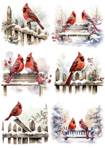 Papier klasyczny A4 do decoupage - ptaki, ptaszki, kardynałki, płotek, ławka, zima