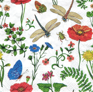Serwetka decoupage 33x33 cm - kwiaty, kwiatki polne, kwietna łaka, ważki, motyle