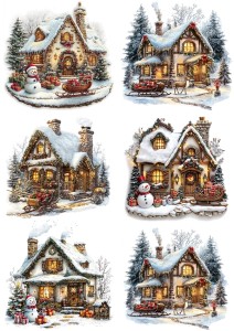 Papier klasyczny A4 do decoupage - widok zimowy, pejzaż, domy, chatki, zima