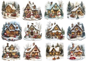 Papier klasyczny A4 do decoupage - widok zimowy, pejzaż, domy, chatki, zima