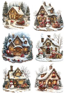 Papier klasyczny A4 do decoupage - widok zimowy, pejzaż, domy, chatki, zima