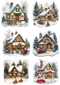 Papier klasyczny A4 do decoupage - widok zimowy, pejzaż, domy, chatki, zima