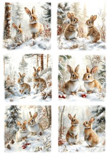 Papier klasyczny A4 do decoupage - zające, zajączki, las, drzewa, zima