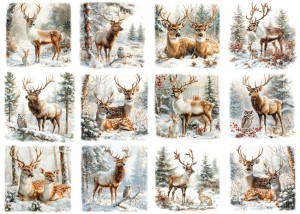 Papier klasyczny A4 do decoupage - jelenie, sarny, las, drzewa, zima