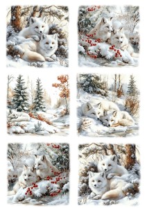 Papier klasyczny A4 do decoupage - białe lisy, las, drzewa, zima