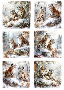 Papier klasyczny A4 do decoupage - pantery, dzikie koty, las, drzewa, zima