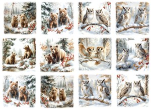 Papier klasyczny A4 do decoupage - niedźwiedzie, sowy, las, drzewa, zima