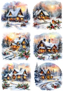 Papier klasyczny A4 do decoupage - widok zimowy, pejzaż, domy, chatki, zima