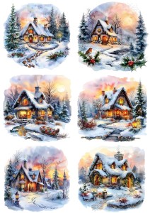 Papier klasyczny A4 do decoupage - widok zimowy, pejzaż, domy, chatki, zima