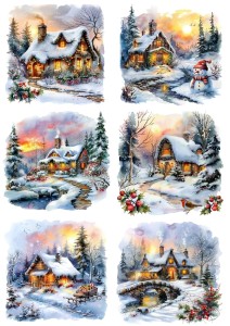 Papier klasyczny A4 do decoupage - widok zimowy, pejzaż, domy, chatki, zima
