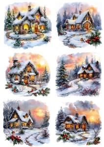 Papier klasyczny A4 do decoupage - widok zimowy, pejzaż, domy, chatki, zima