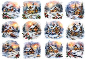Papier klasyczny A4 do decoupage - widok zimowy, pejzaż, domy, chatki, zima