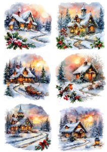 Papier klasyczny A4 do decoupage - widok zimowy, pejzaż, domy, chatki, zima