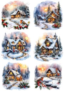 Papier klasyczny A4 do decoupage - widok zimowy, pejzaż, domy, chatki, zima