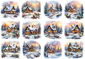 Papier klasyczny A4 do decoupage - widok zimowy, pejzaż, domy, chatki, zima