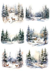 Papier klasyczny A4 do decoupage - widok zimowy, pejzaż, jelenie, sarny, las, zima