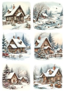 Papier klasyczny A4 do decoupage - widok zimowy, pejzaż, domy, chatki, zima
