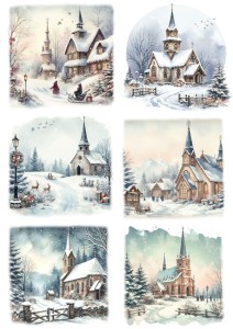 Papier klasyczny A4 do decoupage - widok zimowy, pejzaż, kościoły, zima