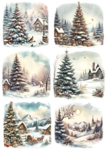 Papier klasyczny A4 do decoupage - widok zimowy, pejzaż, domy, choinki, zima