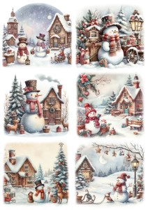 Papier klasyczny A4 do decoupage - widok zimowy, pejzaż, domy, bałwanki, zima