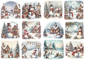 Papier klasyczny A4 do decoupage - widok zimowy, pejzaż, domy, bałwanki, zima
